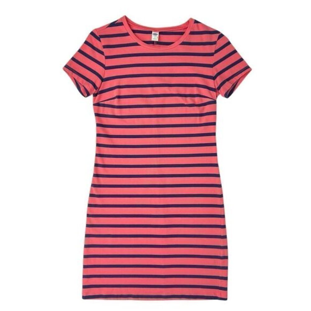 Old Navy Coral Orange Blue Striped T-Shirt Fitted Bodycon Dress Size Medium
